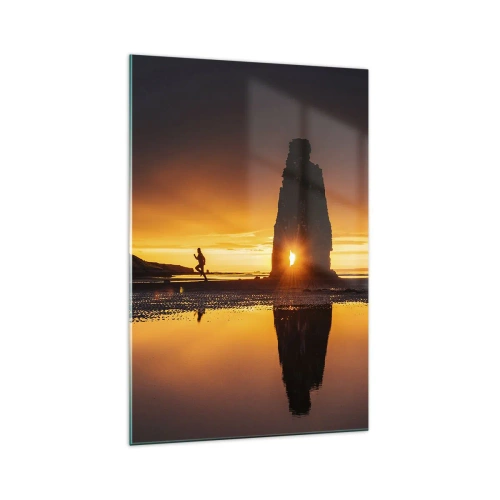Impression sur verre - Image sur verre - Personne courant sur la plage au coucher du soleil avec formation rocheuse - 70x100cm - Juste vous et la nature - Décoration murale moderne pour le salon et la chambre ARTTOR