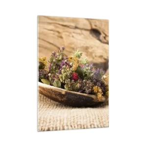 Impression sur verre - Image sur verre - Herbes séchées dans une cuillère en bois sur un fond en bois naturel - 80x120cm - Fleurs colorées et herbes parfumées - Décoration murale moderne pour le salon et la chambre ARTTOR
