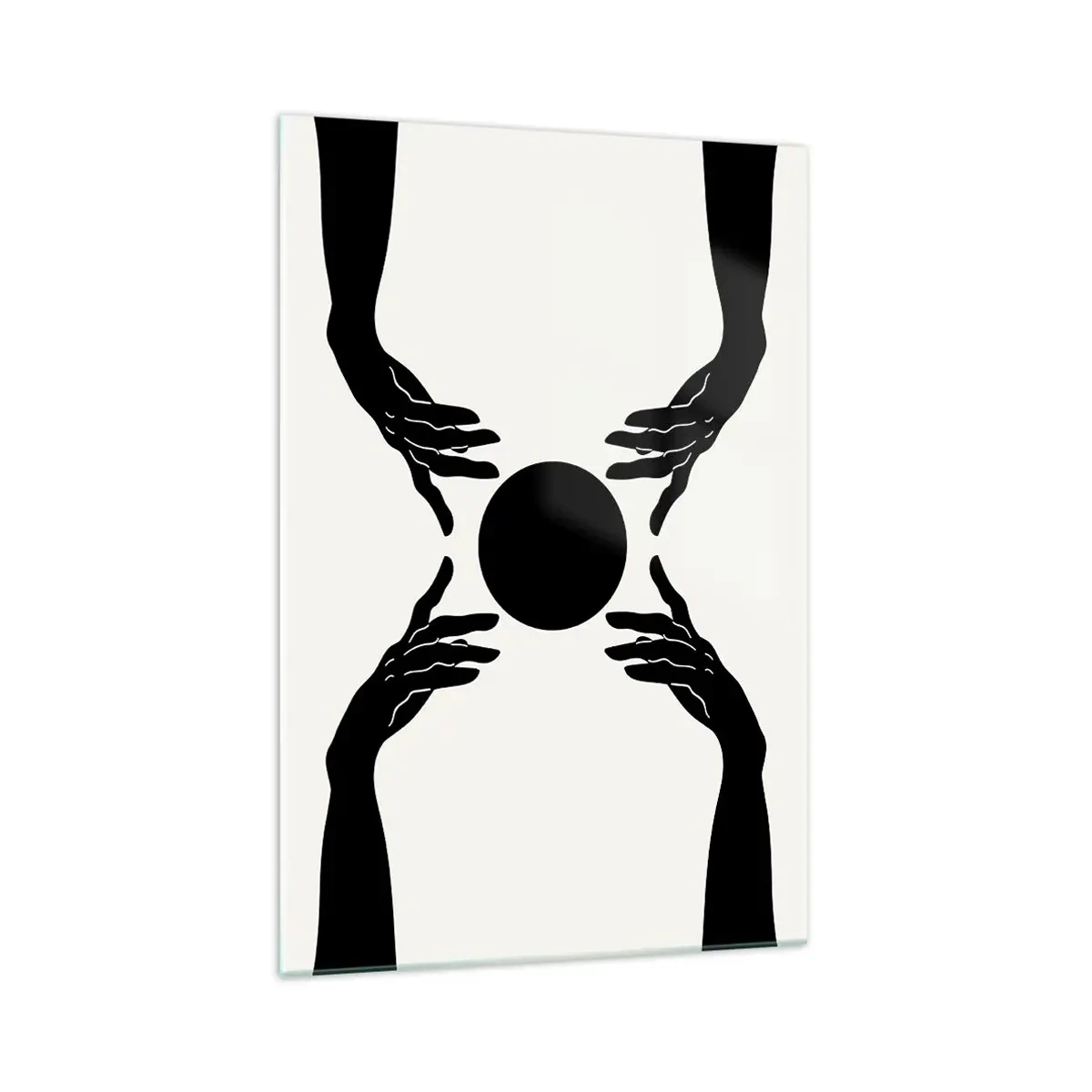 Impression sur verre - Image sur verre - Mains noires dans une composition symétrique avec une boule - 70x100cm - Signe secret - Décoration murale moderne pour le salon et la chambre ARTTOR