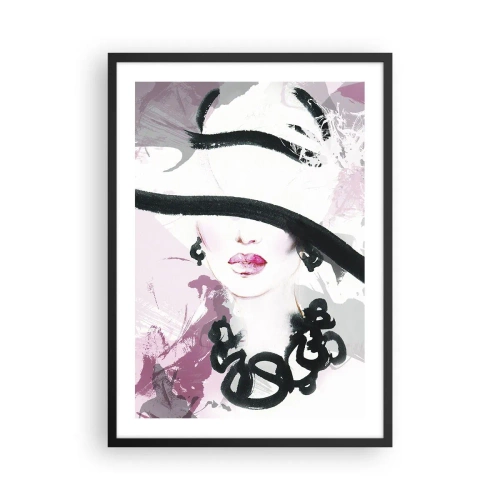 Affiche dans un cadre noir - Poster - Une illustration élégante du visage d'une femme dans des tons de rose et de noir. - 50x70cm - Portrait d'une dame en noir et rose - Décoration murale moderne pour le salon et la chambre ARTTOR