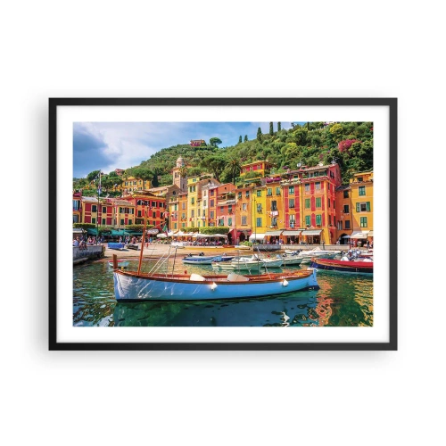 Affiche dans un cadre noir - Poster - Maisons de ville colorées et bateaux dans une ville balnéaire italienne - 70x50cm - Matinée italienne - Décoration murale moderne pour le salon et la chambre ARTTOR