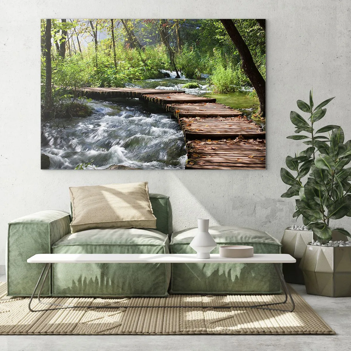 Impression sur verre - Image sur verre - Un pont en bois sur un ruisseau tumultueux - 70x50cm - Au-dessus de la cascade mousseuse - Décoration murale moderne pour le salon et la chambre ARTTOR