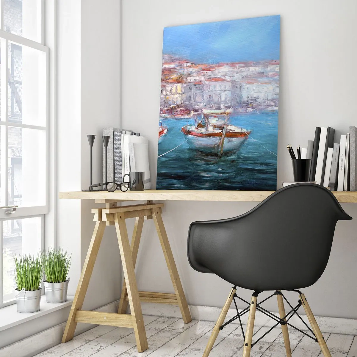 Impression sur verre - Image sur verre - Bateaux dans une baie italienne pittoresque - 70x100cm - Baie italienne - Décoration murale moderne pour le salon et la chambre ARTTOR