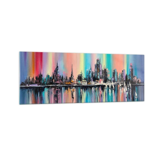 Impression sur verre - Image sur verre - Paysage urbain coloré avec reflet sur l'eau - 140x50cm - Noyé par la lumière de la nuit - Décoration murale moderne pour le salon et la chambre ARTTOR