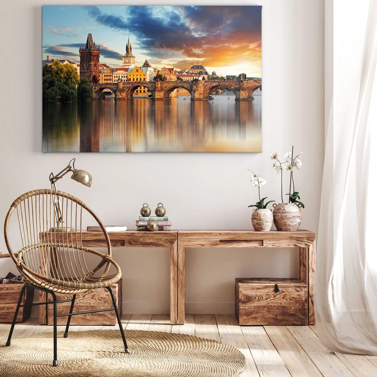 Impression sur toile - Image sur toile - Le pont historique sur la rivière à la lumière du soleil couchant - 70x50cm - Belle depuis des lustres - Décoration murale moderne pour le salon et la chambre ARTTOR