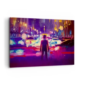 Impression sur toile - Image sur toile - Un homme dans une scène nocturne de ville au néon - 100x70cm - Immergé dans la lumière - Décoration murale moderne pour le salon et la chambre ARTTOR