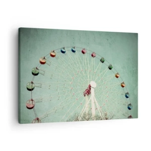 Impression sur toile - Image sur toile - Une grande roue colorée contre un ciel bleu dans un style rétro - 70x50cm - Nous vous invitons à vous amuser - Décoration murale moderne pour le salon et la chambre ARTTOR