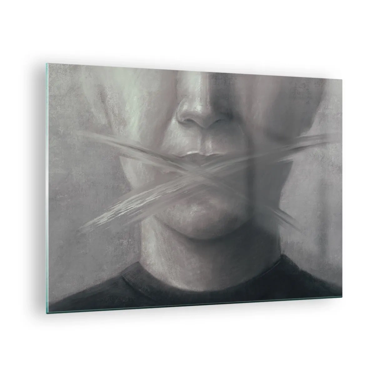 Impression sur verre - Image sur verre - Portrait d'une personne aux lèvres maculées dans des tons de gris - 70x50cm - Sans mot - Décoration murale moderne pour le salon et la chambre ARTTOR