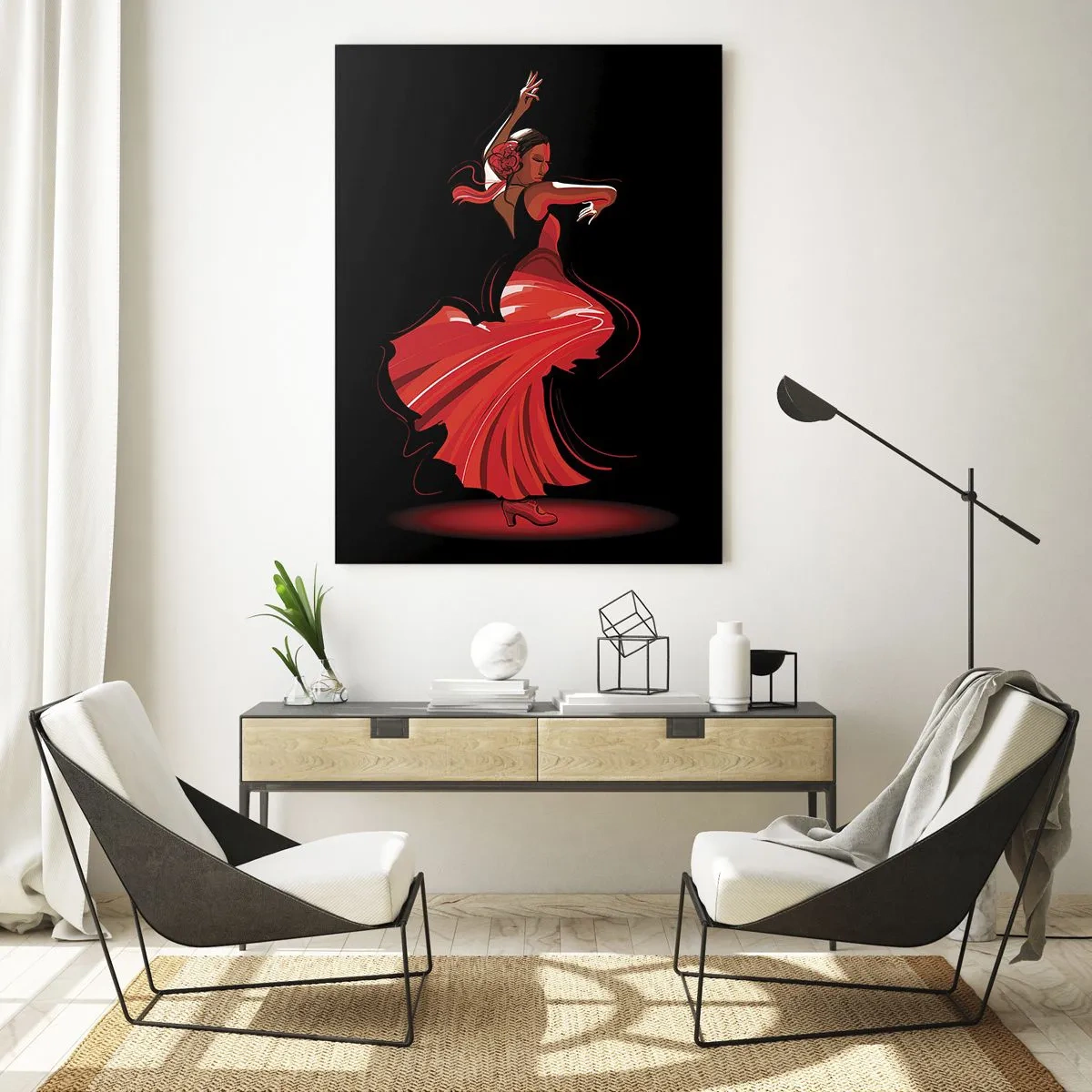 Impression sur verre - Image sur verre - Danseuse de flamenco en robe rouge sur fond noir - 50x70cm - L'esprit fougueux du flamenco - Décoration murale moderne pour le salon et la chambre ARTTOR