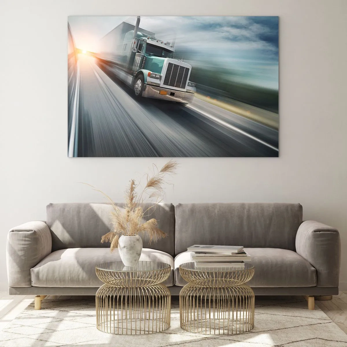 Impression sur verre - Image sur verre - Camion sur l'autoroute au coucher du soleil - 70x50cm - Le géant américain est en fuite - Décoration murale moderne pour le salon et la chambre ARTTOR