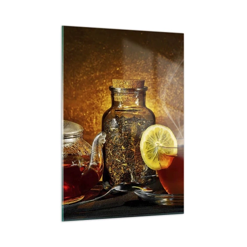 Impression sur verre - Image sur verre - Une théière en verre et une tasse de thé au citron - 50x70cm - Dans le style des maîtres hollandais - Décoration murale moderne pour le salon et la chambre ARTTOR