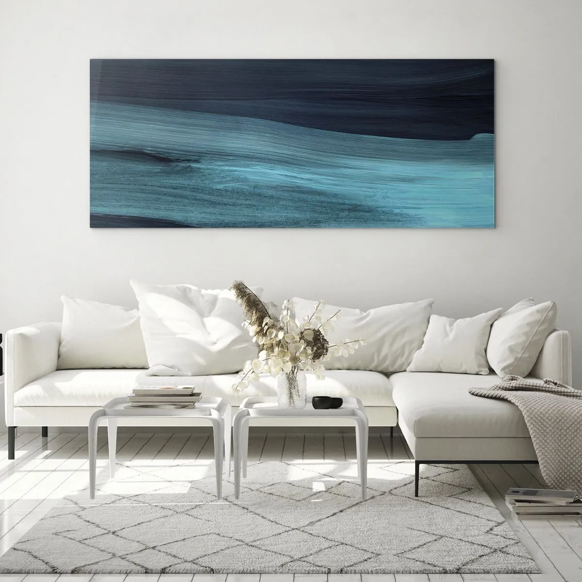 Impression sur verre - Image sur verre - De subtiles vagues abstraites dans des tons bleus foncés - 120x50cm - Suivez le courant - Décoration murale moderne pour le salon et la chambre ARTTOR