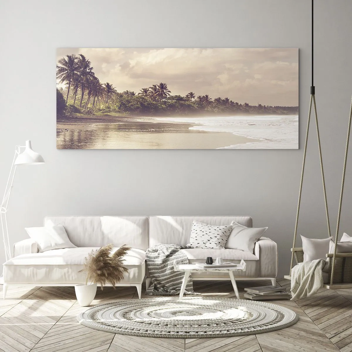 Impression sur verre - Image sur verre - Une plage avec des palmiers et des vagues douces le matin - 160x50cm - La caresse des vagues - Décoration murale moderne pour le salon et la chambre ARTTOR