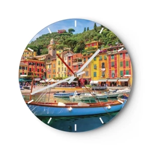 Horloge murale - Pendule murale - Maisons colorées au bord du port avec des bateaux par une journée ensoleillée - 30x30cm - Matinée italienne - Décoration murale moderne pour le salon, la cuisine et la chambre ARTTOR