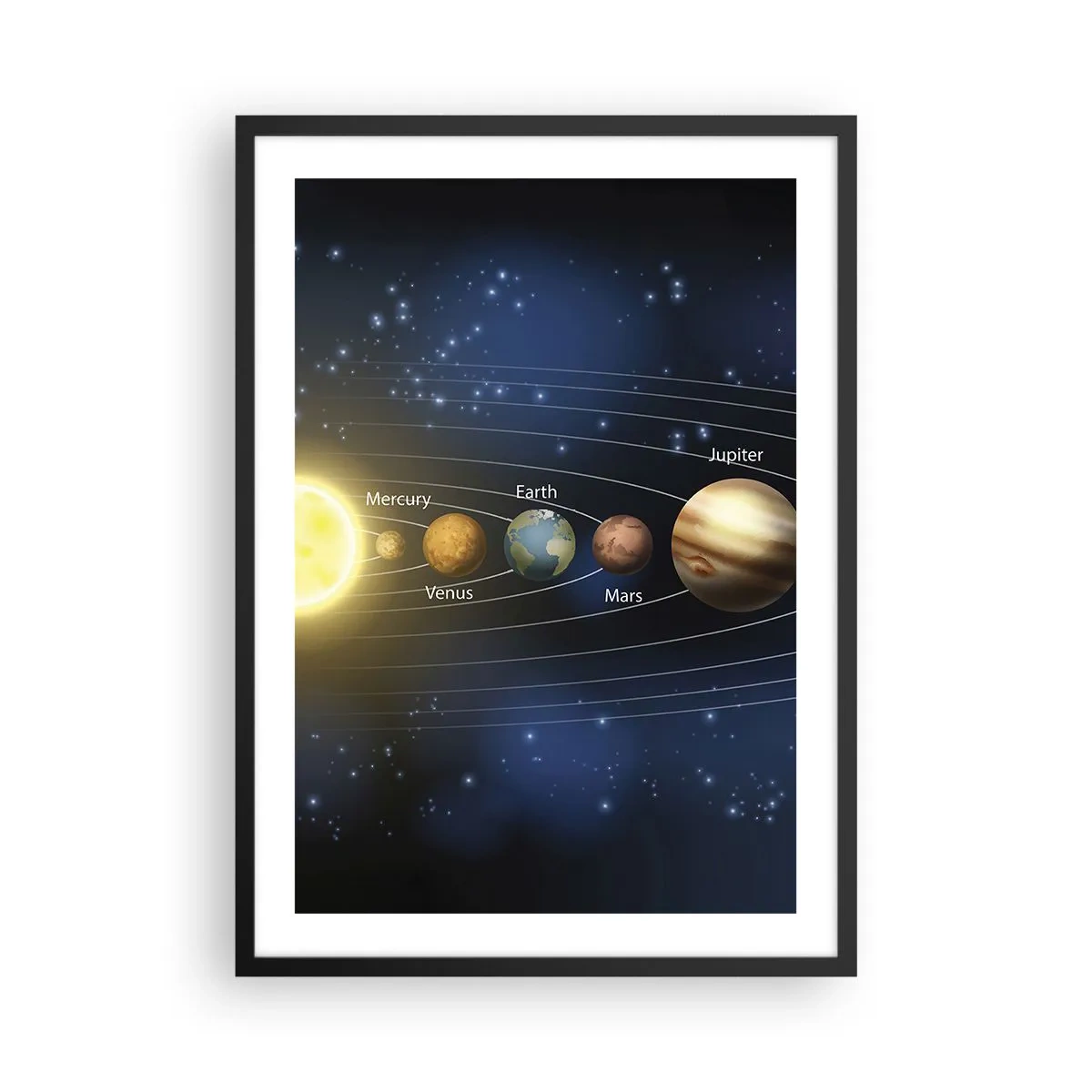 Affiche dans un cadre noir - Poster - Le système solaire avec des planètes sur fond d'étoiles - 50x70cm - L'une des dix - Décoration murale moderne pour le salon et la chambre ARTTOR