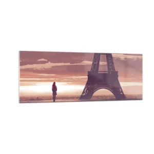 Impression sur verre - Image sur verre - Une silhouette regardant la Tour Eiffel à la lumière du soleil couchant - 140x50cm - Seulement deux d'entre eux - Décoration murale moderne pour le salon et la chambre ARTTOR