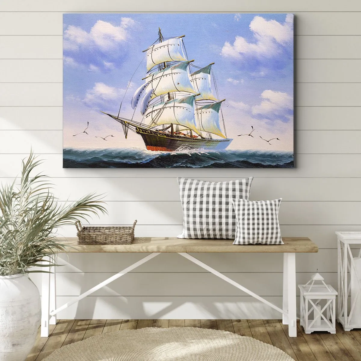 Impression sur toile - Image sur toile - Un voilier en pleine mer sous un ciel bleu - 70x50cm - Fièrement avec le vent - Décoration murale moderne pour le salon et la chambre ARTTOR