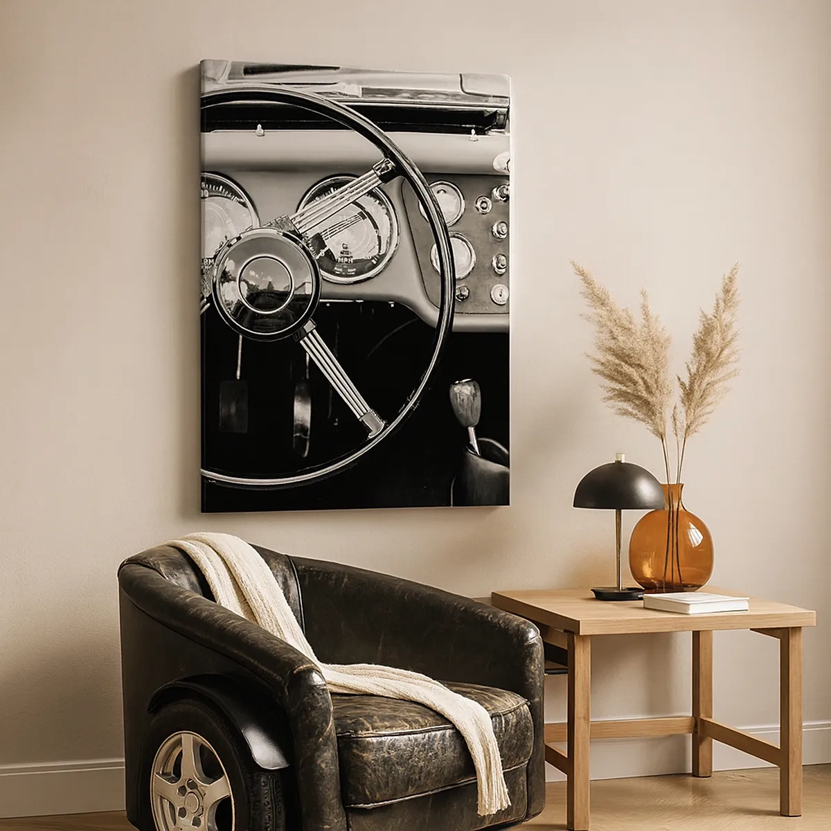 Impression sur toile - Image sur toile - Intérieur de voiture classique noir et blanc - 50x70cm - Rêve de collectionneur - Décoration murale moderne pour le salon et la chambre ARTTOR