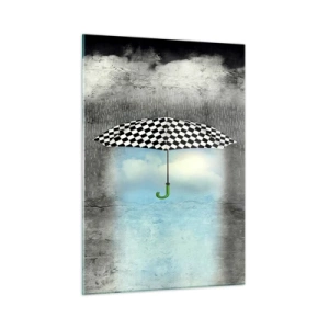 Impression sur verre - Image sur verre - Un parapluie à carreaux noir et blanc sur fond de pluie et de nuages - 50x70cm - Et pourtant c'est possible - Décoration murale moderne pour le salon et la chambre ARTTOR