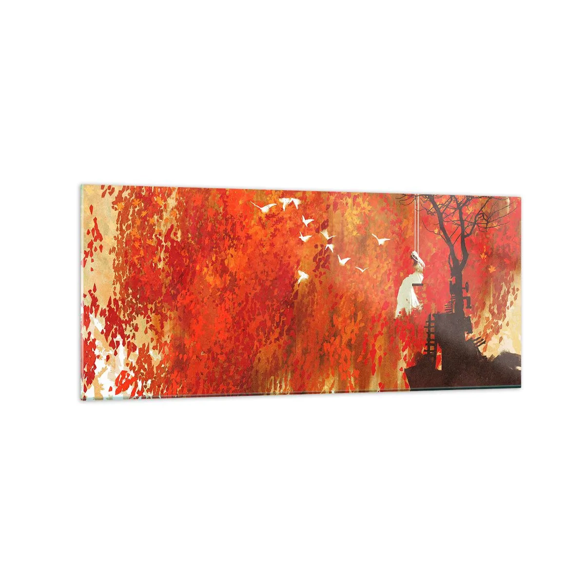 Impression sur verre - Image sur verre - Une silhouette sur une balançoire près d'un arbre entouré de feuilles rouges - 120x50cm - S'envolera-t-il avec eux ? - Décoration murale moderne pour le salon et la chambre ARTTOR