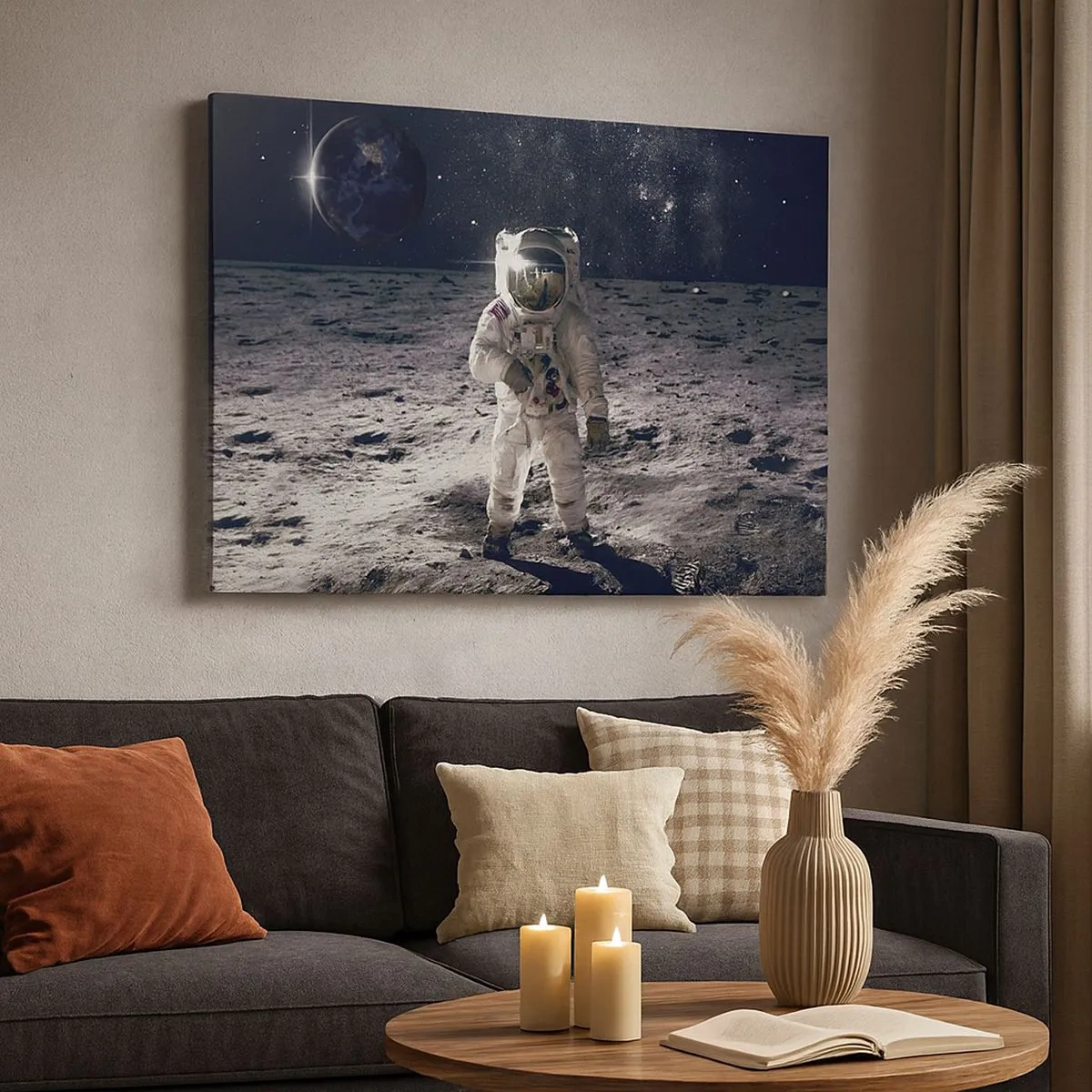 Impression sur toile - Image sur toile - Astronaute à la surface de la Lune avec la Terre en arrière-plan - 70x50cm - Salutations de la lune - Décoration murale moderne pour le salon et la chambre ARTTOR
