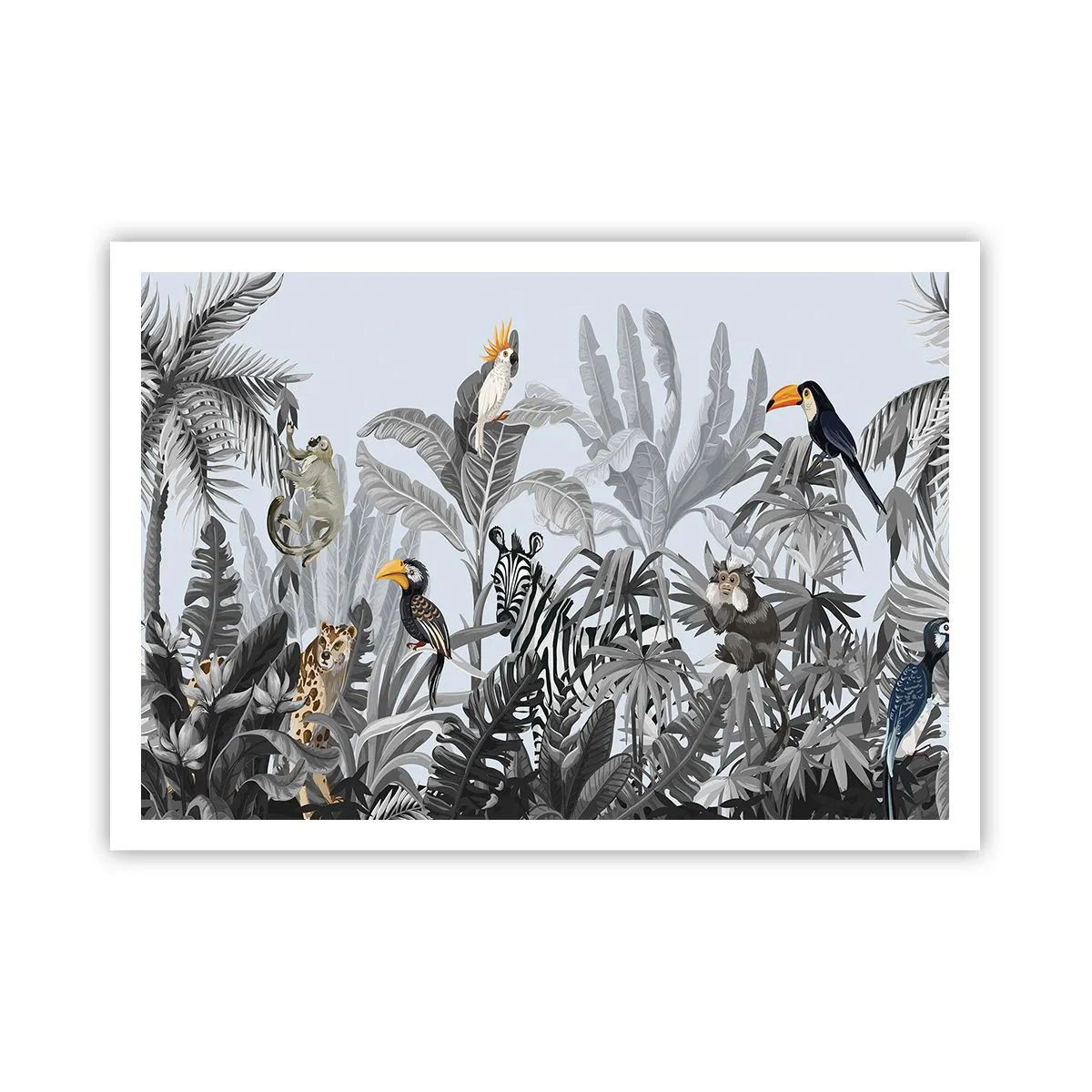 Affiche - Poster - Jungle tropicale avec des animaux exotiques sur fond gris - 100x70cm - Conte de fées africain - Décoration murale moderne pour le salon et la chambre ARTTOR