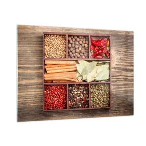 Impression sur verre - Image sur verre - Épices colorées dans des compartiments en bois - 100x70cm - Ordre des formes, bouquet d'arômes - Décoration murale moderne pour le salon et la chambre ARTTOR