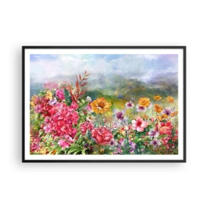 Affiche dans un cadre noir - Poster - Une composition colorée de fleurs sur un fond de paysage aux couleurs pastel - 100x70cm - Un jardin devenu fou - Décoration murale moderne pour le salon et la chambre ARTTOR