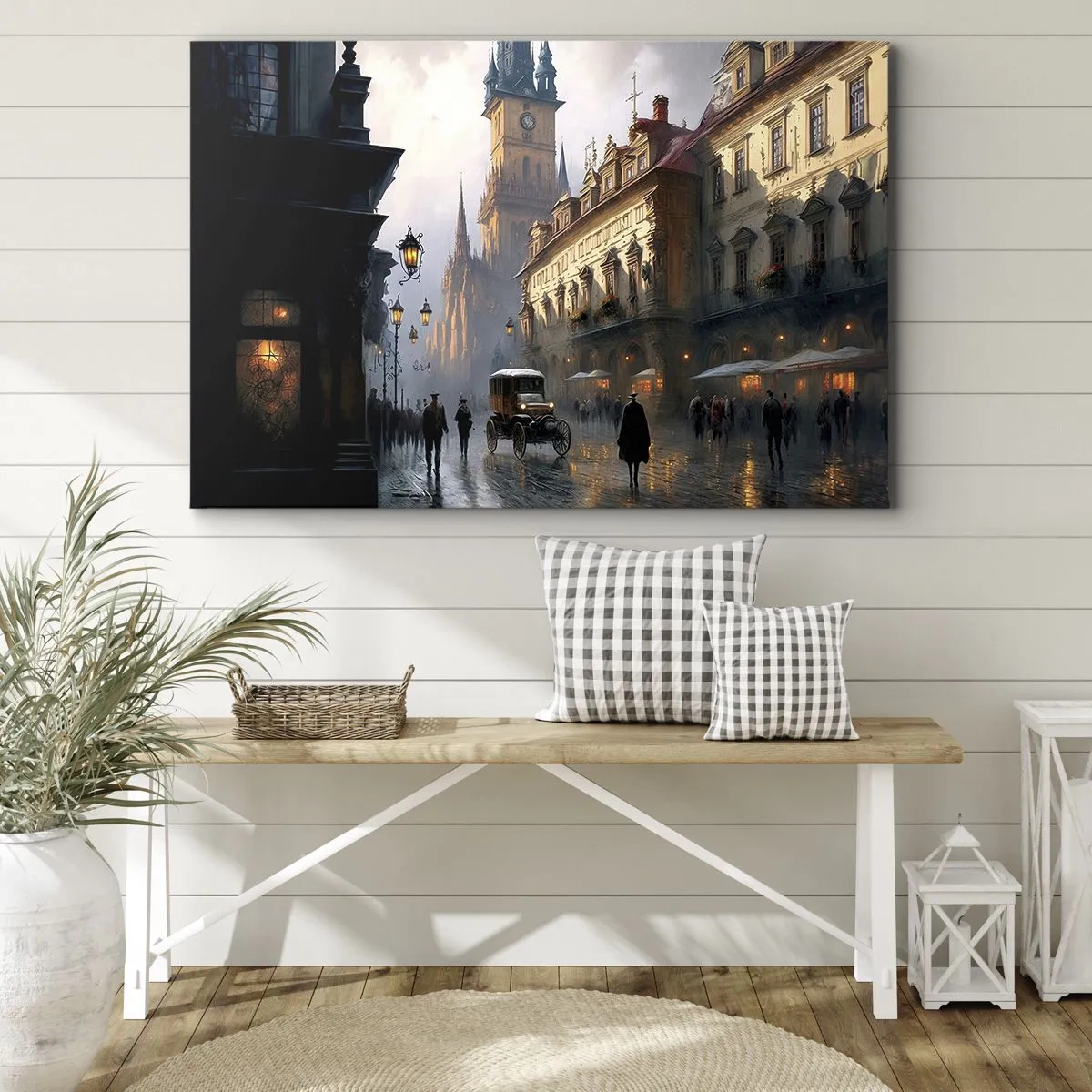 Impression sur toile - Image sur toile - Scène de rue en soirée avec une architecture historique - 70x50cm - Le charme d'une soirée pragoise - Décoration murale moderne pour le salon et la chambre ARTTOR