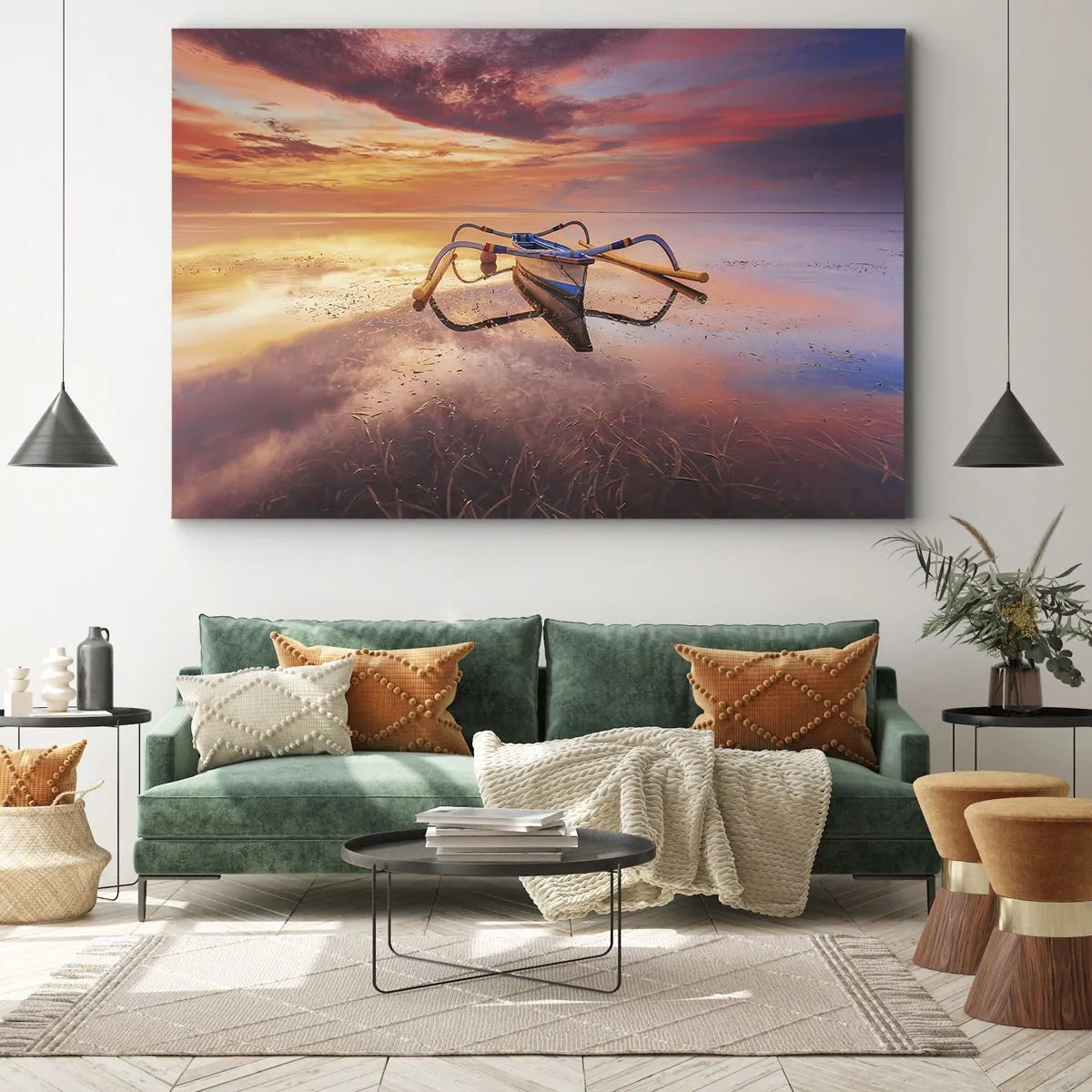 Impression sur toile - Image sur toile - Un bateau sur une eau calme au coucher du soleil - 120x80cm - Le calme d'une soirée tropicale - Décoration murale moderne pour le salon et la chambre ARTTOR