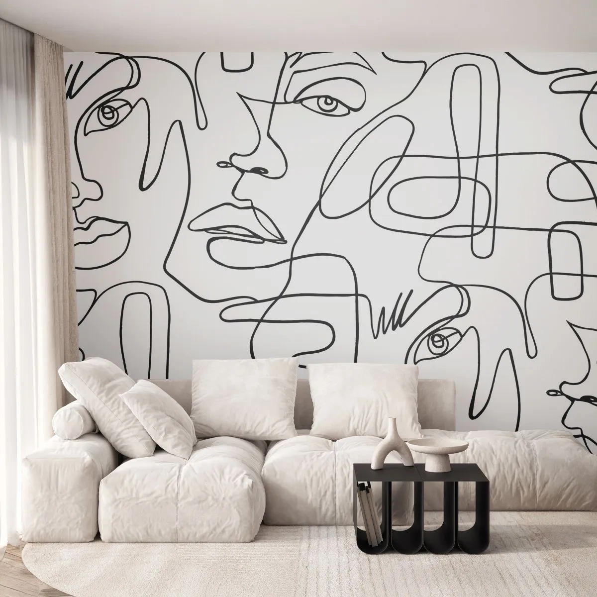 Papier Peint Photo Standard Eco - Contours du visage noirs dessinés d'un trait continu - 100x70cm - Dans des émotions enchevêtrées - Décoration murale moderne pour le salon et la chambre ARTTOR