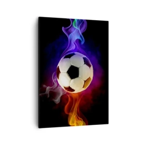 Impression sur toile - Image sur toile - Un ballon de football entouré d'effets de fumée colorés sur un fond sombre. - 50x70cm - Le pouvoir magique du jeu - Décoration murale moderne pour le salon et la chambre ARTTOR