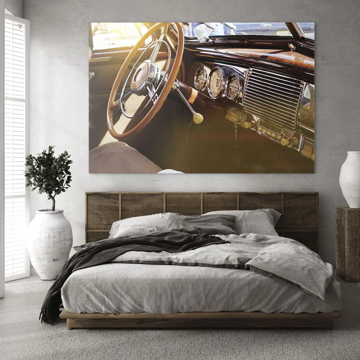 Impression sur verre - Image sur verre - Intérieur d'une voiture ancienne avec un volant en bois - 100x70cm - Souffle de luxe venu du passé - Décoration murale moderne pour le salon et la chambre ARTTOR