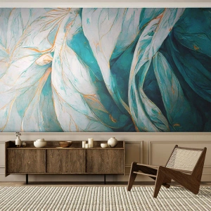 Papier Peint Photo Premium Sand - Abstraction bleue avec un motif doré - Morceau, Art Déco, Subtil - 300x210 cm