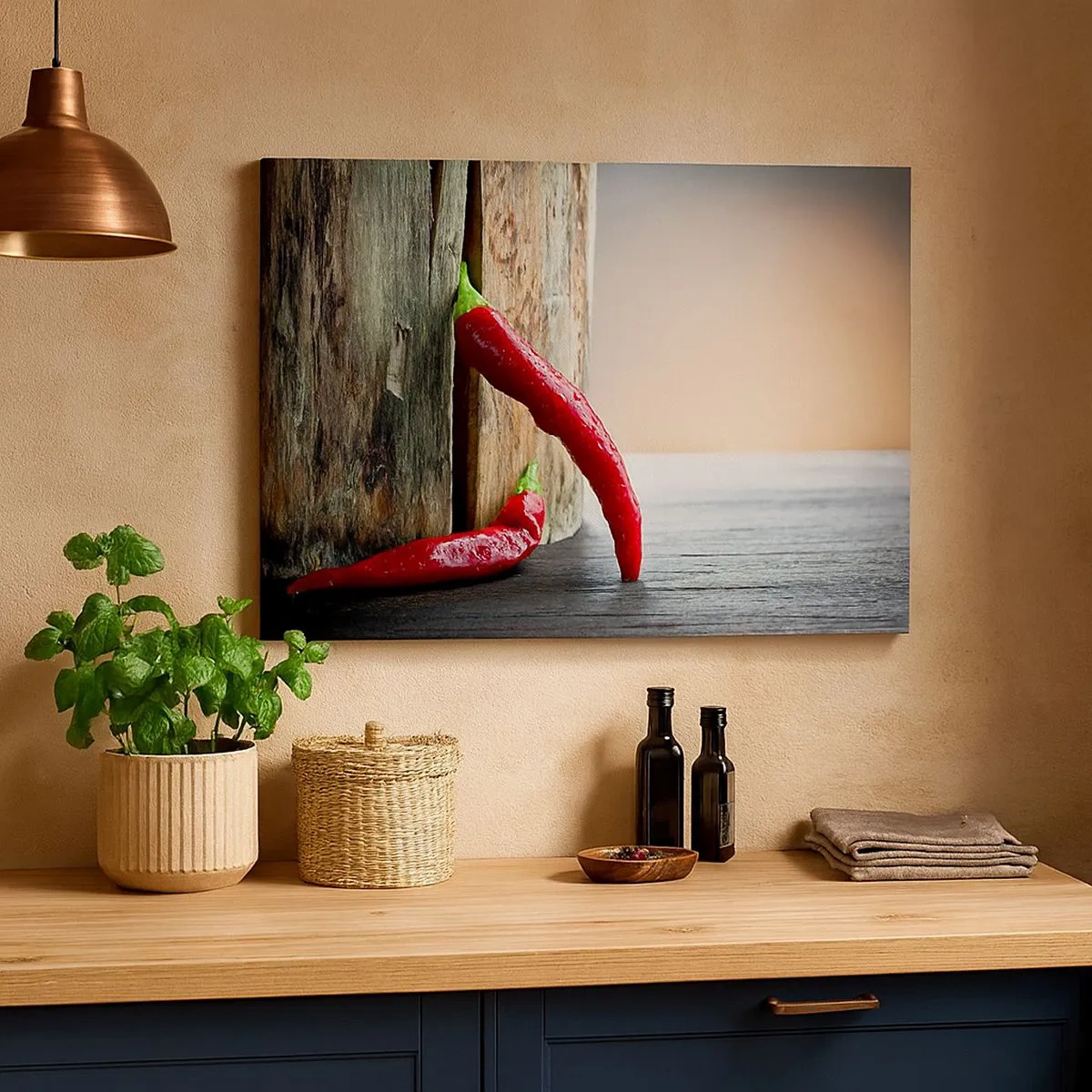 Impression sur toile - Image sur toile - Deux piments rouges sur un fond en bois avec un accent rustique - 70x50cm - Red hot chili peppers - Décoration murale moderne pour le salon et la chambre ARTTOR