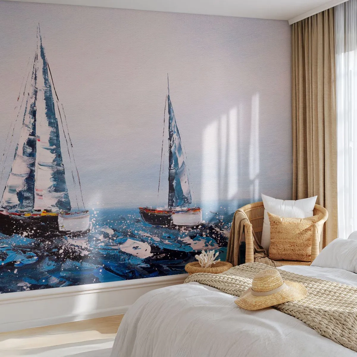 Papier Peint Photo Premium Sand - Deux voiliers sur une mer agitée dans un style impressionniste - 100x70cm - Confrérie du vent - Décoration murale moderne pour le salon et la chambre ARTTOR