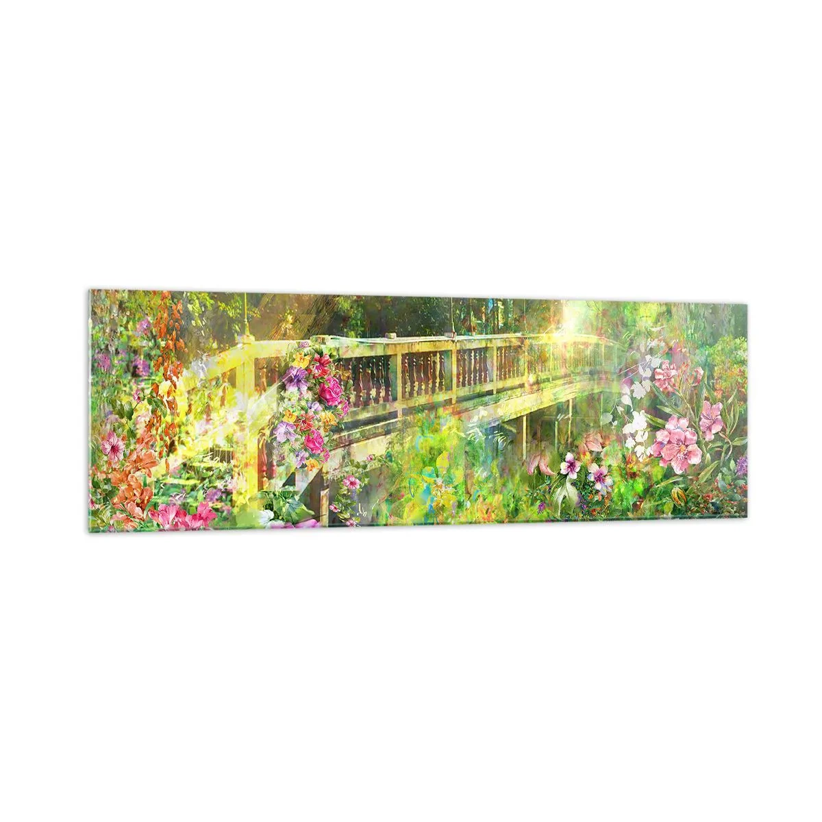 Impression sur verre - Image sur verre - Un pont entouré d'une végétation luxuriante et de fleurs - 160x50cm - Le soupire d'un pont de printemps - Décoration murale moderne pour le salon et la chambre ARTTOR