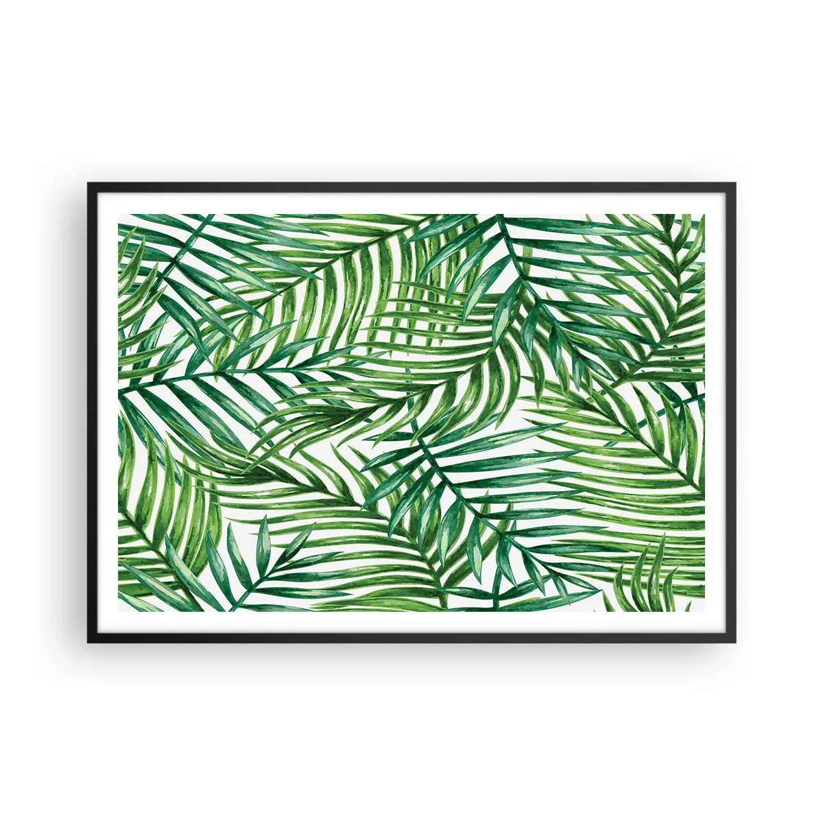 Affiche dans un cadre noir - Poster - Feuilles de palmier tropicales vertes sur fond clair - 100x70cm - Sous la canopée verte - Décoration murale moderne pour le salon et la chambre ARTTOR
