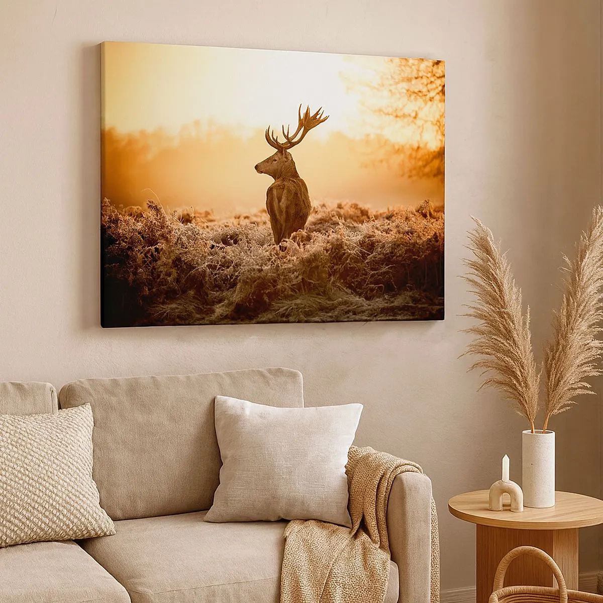 Impression sur toile - Image sur toile - Cerf dans les rayons du soleil levant - 70x50cm - Seigneur du domaine - Décoration murale moderne pour le salon et la chambre ARTTOR