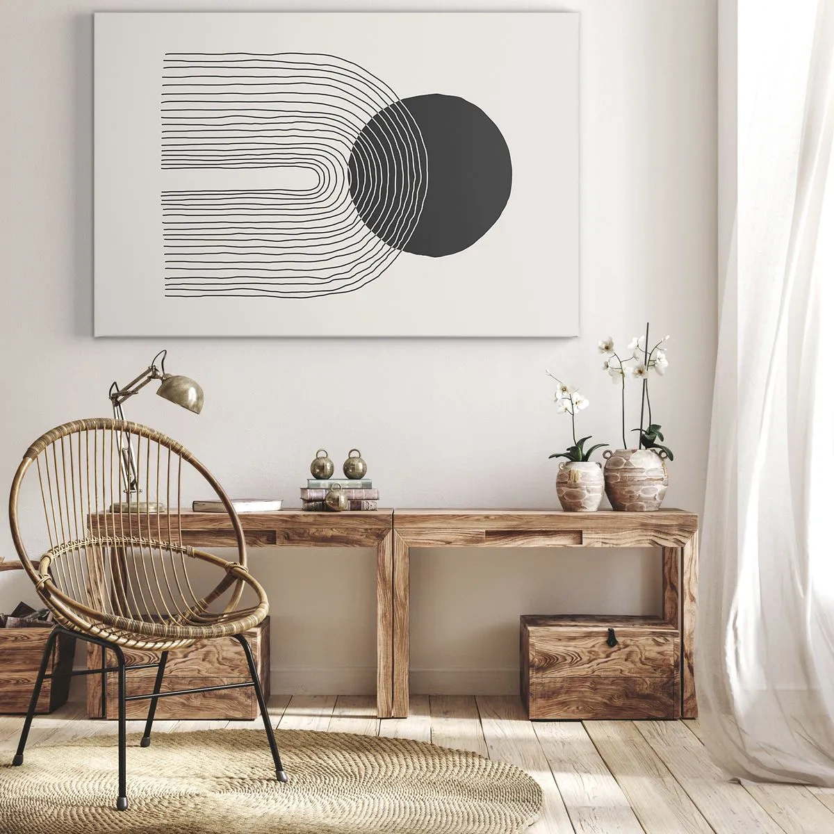 Impression sur toile - Image sur toile - Motif abstrait avec des lignes et un cercle noir sur un fond clair - 70x50cm - Tremblement et confiance - Décoration murale moderne pour le salon et la chambre ARTTOR