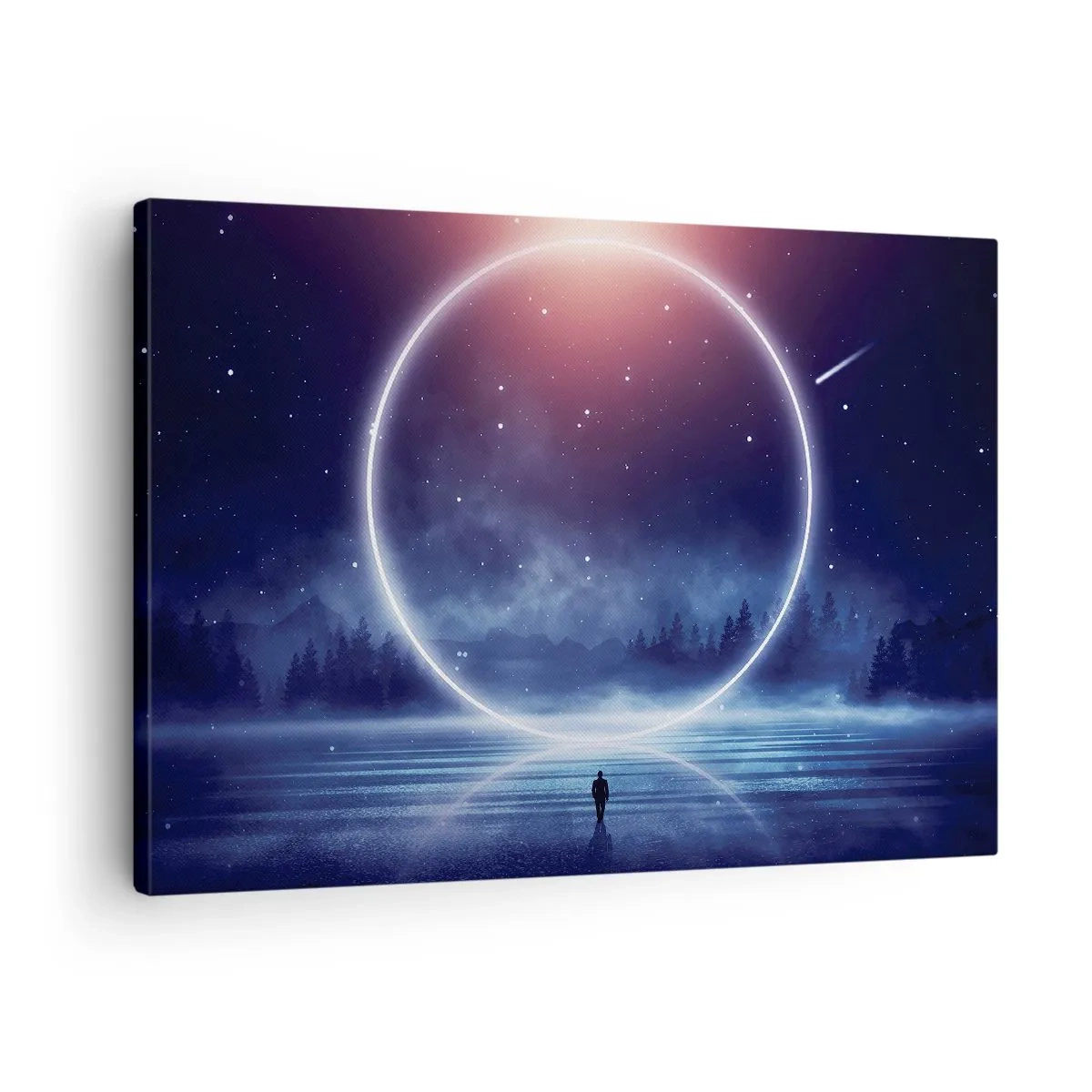 Impression sur toile - Image sur toile - Un paysage magique avec une silhouette et un cercle de lumière la nuit - 70x50cm - Ils sont déjà là... - Décoration murale moderne pour le salon et la chambre ARTTOR
