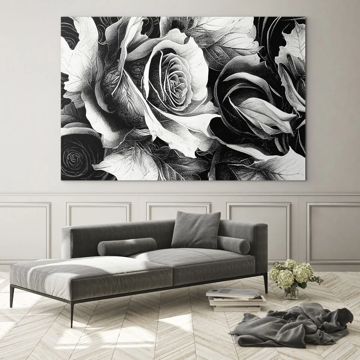 Impression sur verre - Image sur verre - Composition florale de roses noires et blanches avec détails - 120x80cm - Toujours une reine - Décoration murale moderne pour le salon et la chambre ARTTOR
