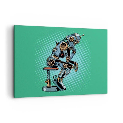 Impression sur toile - Image sur toile - Robot penseur de style pop art sur fond vert - 120x80cm - Au-dessus de l'essence de l'être - Décoration murale moderne pour le salon et la chambre ARTTOR