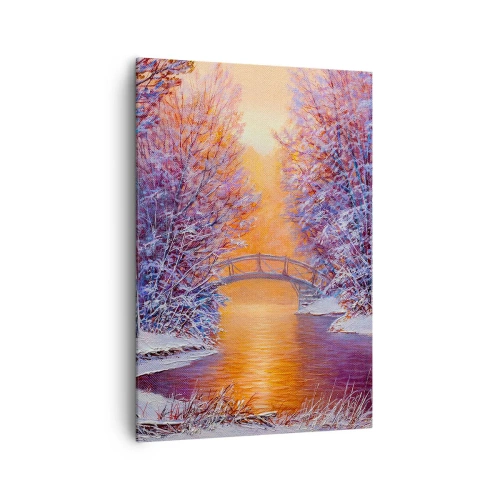 Impression sur toile - Image sur toile - Paysage d'hiver avec un pont et un coucher de soleil - 70x100cm - On se rencontre ici - Décoration murale moderne pour le salon et la chambre ARTTOR