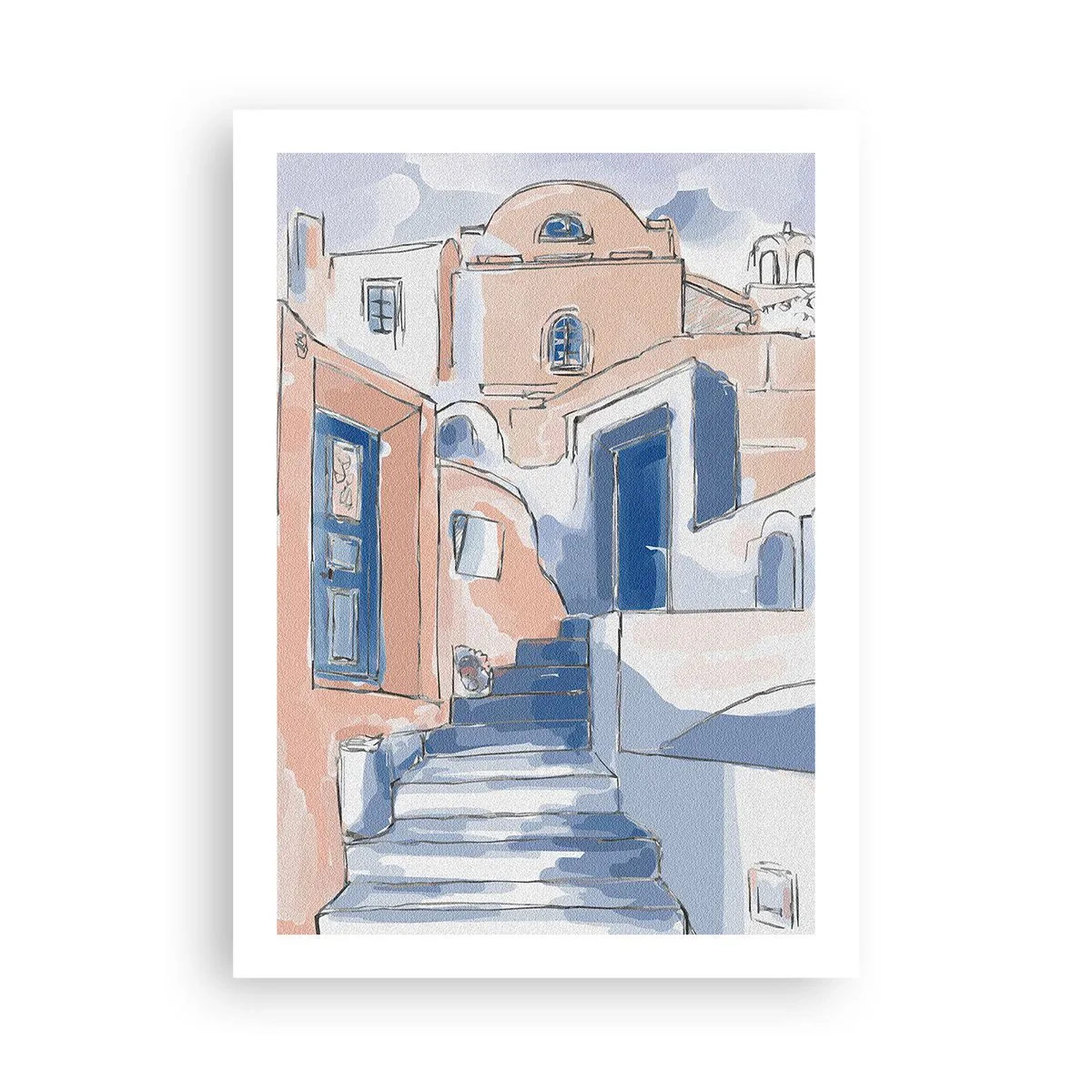 Affiche - Poster - Une rue pittoresque de style méditerranéen dans des tons de bleu - 50x70cm - Ville exotique - Décoration murale moderne pour le salon et la chambre ARTTOR