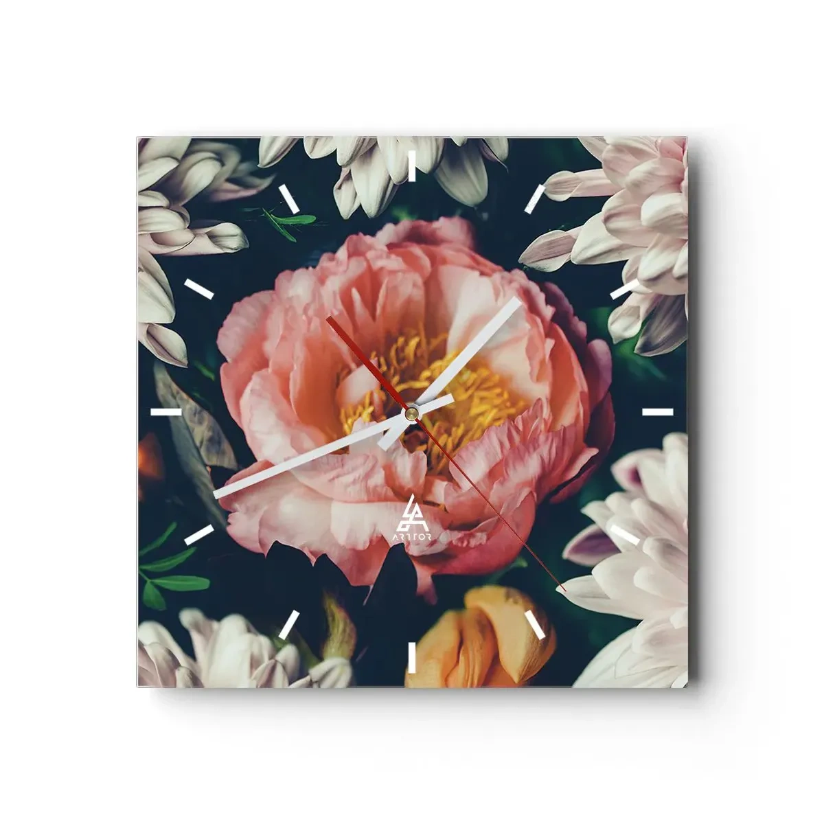 Horloge murale - Pendule murale - Composition florale avec pivoines et chrysanthèmes sur fond sombre - 30x30cm - Splendeur baroque - Décoration murale moderne pour le salon et la chambre ARTTOR
