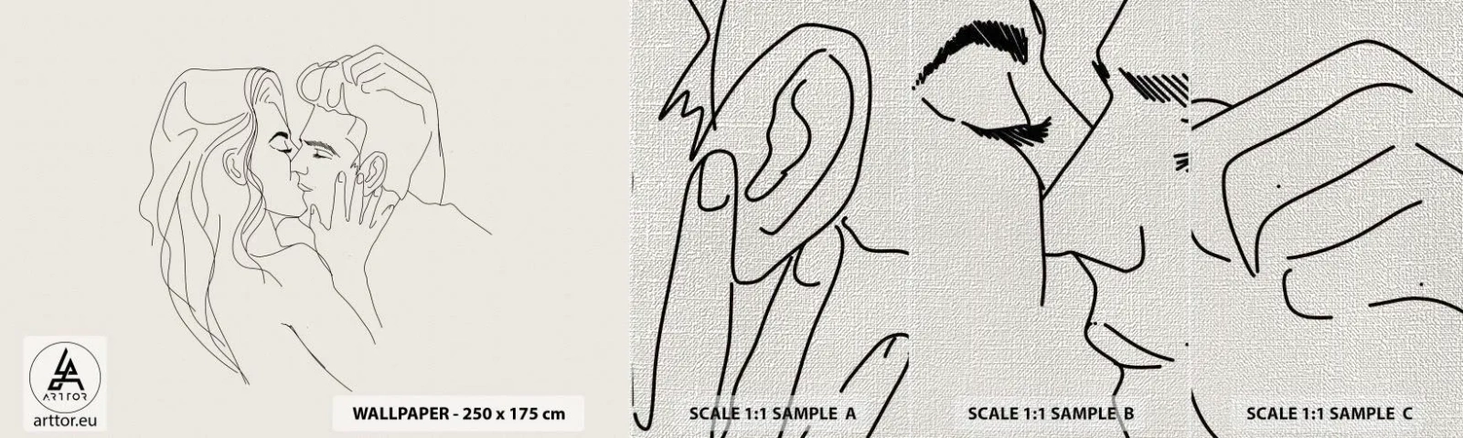 Échantillon de Papier Peint Premium Canvas - Enlacé de sentiment - Graphique, Couple amoureux, Baiser - 100x30 cm