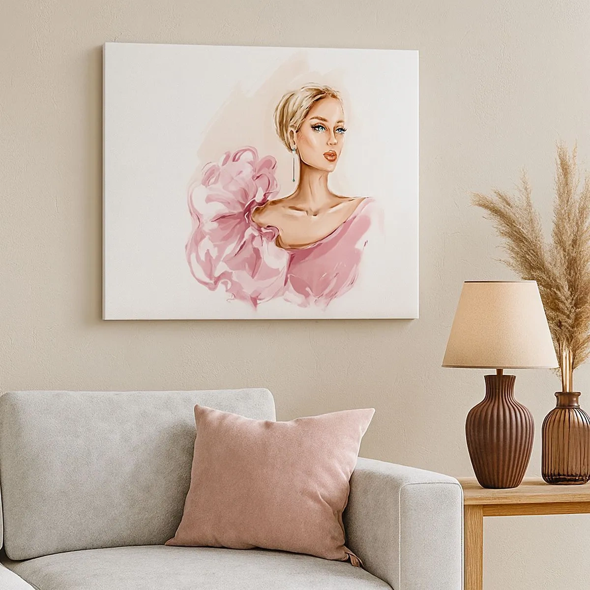 Impression sur toile - Image sur toile - Portrait d'une femme en robe rose sur fond clair - 70x50cm - Comme peinte... - Décoration murale moderne pour le salon et la chambre ARTTOR