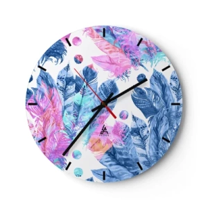 Horloge murale - Pendule murale - Plumes colorées dans un style aquarelle - 30x30cm - Plumes en rose et bleu - Décoration murale moderne pour le salon, la cuisine et la chambre ARTTOR