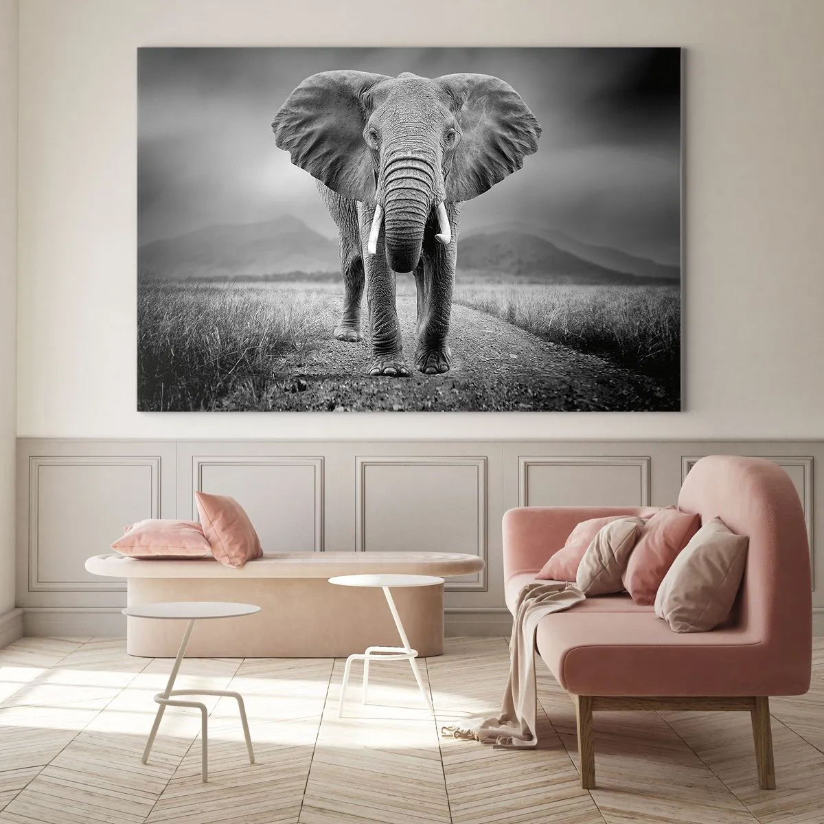 Impression sur verre - Image sur verre - Éléphant dans la savane en noir et blanc - 70x50cm - Les hôtes vous saluent - Décoration murale moderne pour le salon et la chambre ARTTOR